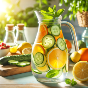 Detox water in a clear glass pitcher