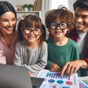 A playful image of children with oversized glasses looking at a laptop screen that displays a simple budget spreadsheet. Their parents are beside them, pointing at the screen, in a moment of family learning and financial education.