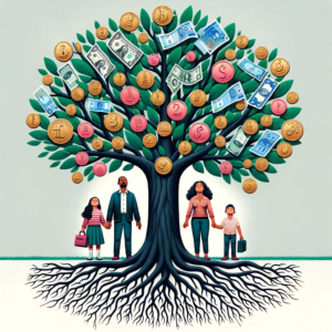 An illustration of a tree with coins and banknotes for leaves, with a family standing underneath, looking up. The roots of the tree could be in the shape of words like "budget," "save," and "invest" to symbolize the growth and stability that comes from sound financial planning.