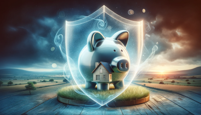 transparent piggy bank in the shape of a house, symbolizing financial security and the protection of one's home and savings.
