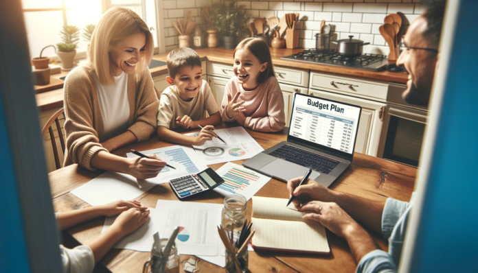 A family gathered around a kitchen table, enthusiastically discussing a budget plan.