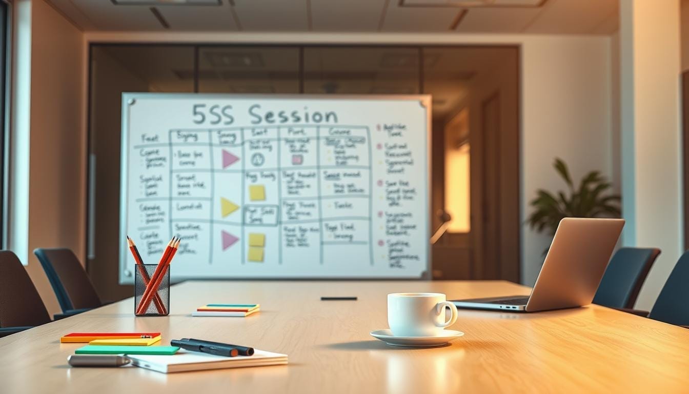 A crisp, clean office setting with a conference table in the foreground. On the table, a carefully curated array of office supplies - color-coded sticky notes, sharpened pencils, a sleek laptop, and a cup of steaming coffee. In the middle ground, a large whiteboard filled with a detailed 5S session plan, with clean geometric shapes and a color-coded organizational system. The background is softly blurred, suggesting a professional, focused atmosphere. Warm, natural lighting casts a subtle glow, creating a sense of productivity and collaborative energy. The overall composition conveys a well-planned, structured approach to a 5S session, reflecting the goal of financial confidence and empowerment.